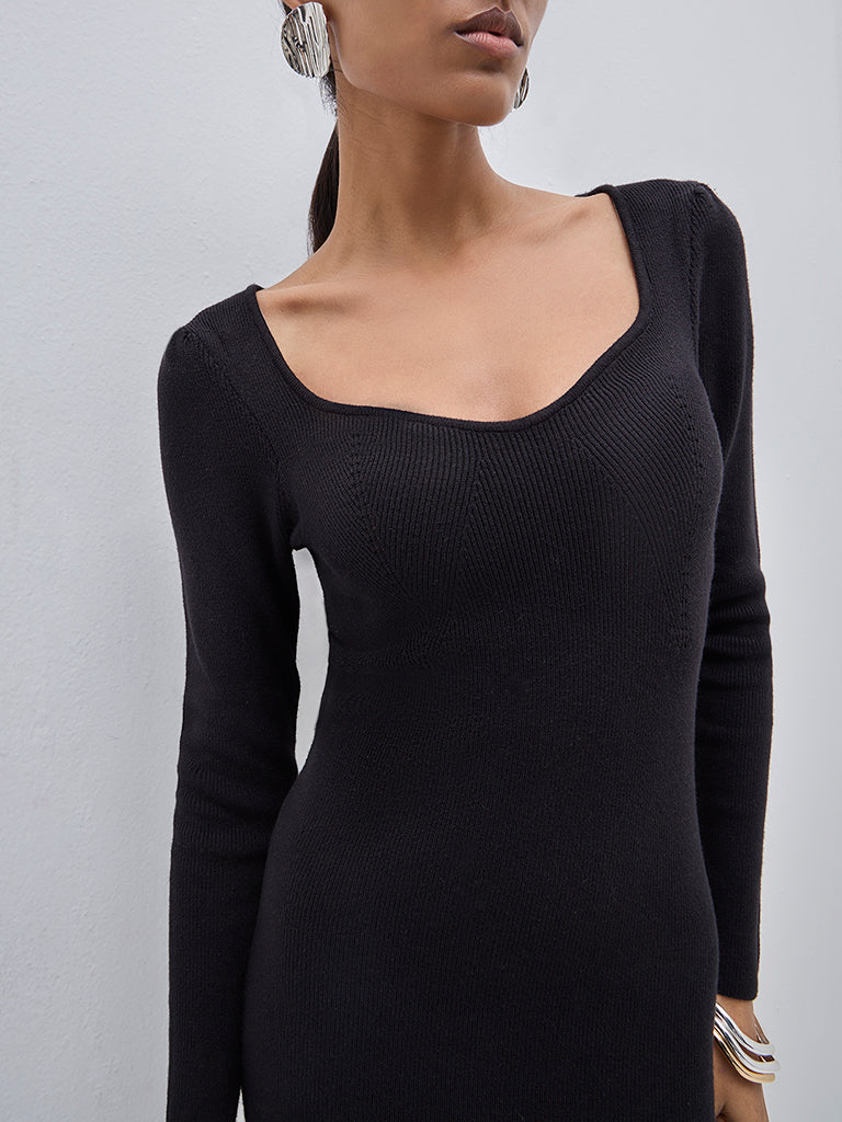 Wardrobe Black Ribbed Cotton-Blend Bodycon Dress - Image 2