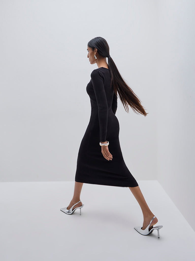 Wardrobe Black Ribbed Cotton-Blend Bodycon Dress - Image 4