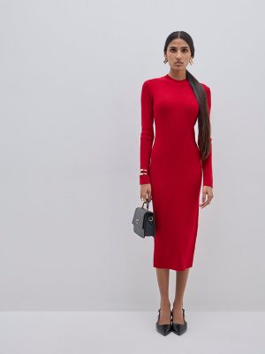 Wardrobe Red Ribbed Cotton-Blend Bodycon Dress