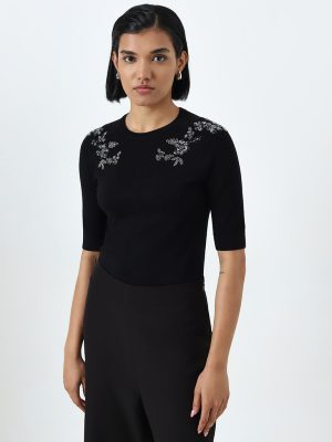 Wardrobe Black Floral Embellished Knitted Top