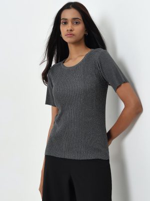 Wardrobe Dark Grey Ribbed Glitter Top