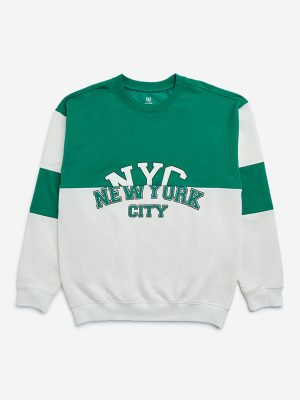 Y&F Kids Green Colour-Blocked Cotton-Blend Sweatshirt