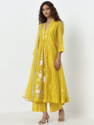 Vark Yellow Floral Embroidered Kurta. Pants and Dupatta Set