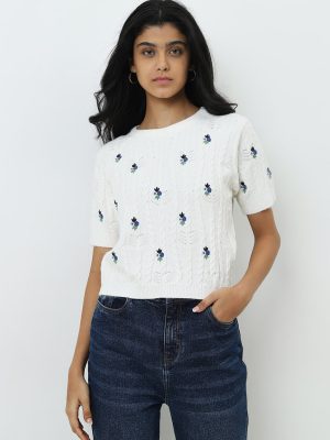 LOV Off-White Floral Knitted Sweater