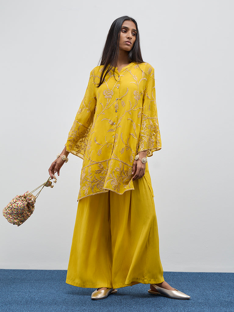 Vark Yellow Floral A-Line Kurti. Inner and Palazzos Set