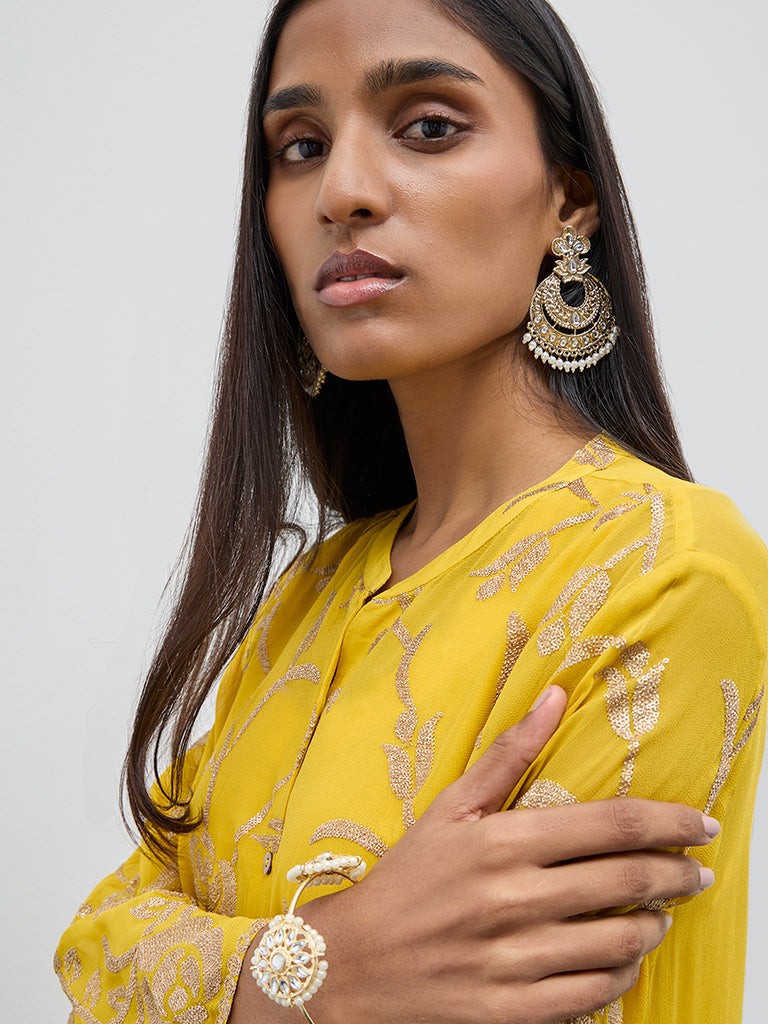 Vark Yellow Floral A-Line Kurti. Inner and Palazzos Set - Image 2