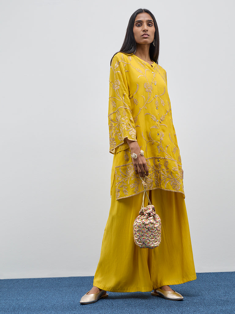 Vark Yellow Floral A-Line Kurti. Inner and Palazzos Set - Image 3