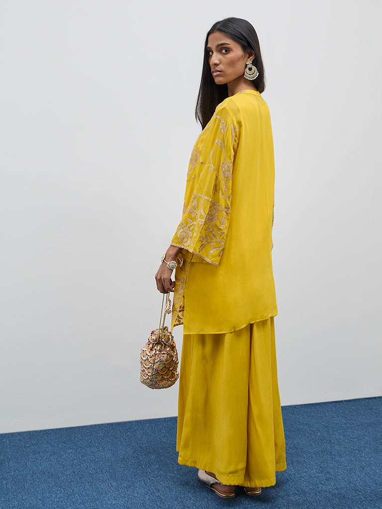 Vark Yellow Floral A-Line Kurti. Inner and Palazzos Set - Image 4