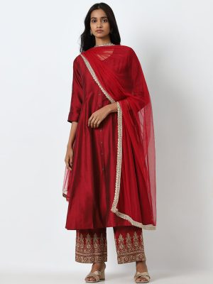 Vark Maroon Fit-and-Flare Kurta. Palazzos and Dupatta Set