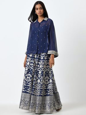 Vark Navy Embellished Shirt. Inner and Brocade Skirt Set