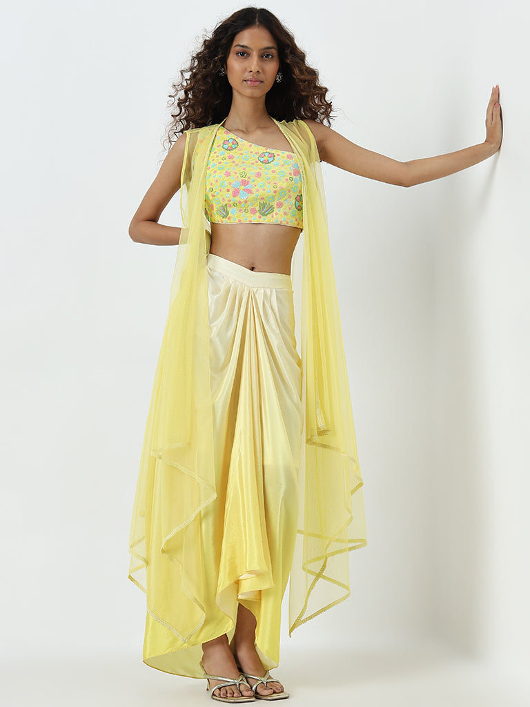 Vark Yellow Floral Embellished Blouse. Skirt and Shrug Set - Image 3