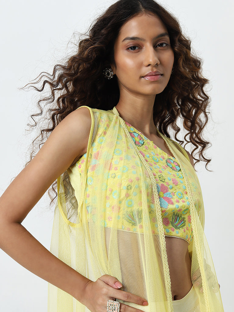Vark Yellow Floral Embellished Blouse. Skirt and Shrug Set - Image 2