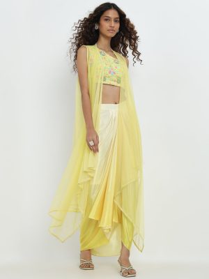 Vark Yellow Floral Embellished Blouse. Skirt and Shrug Set