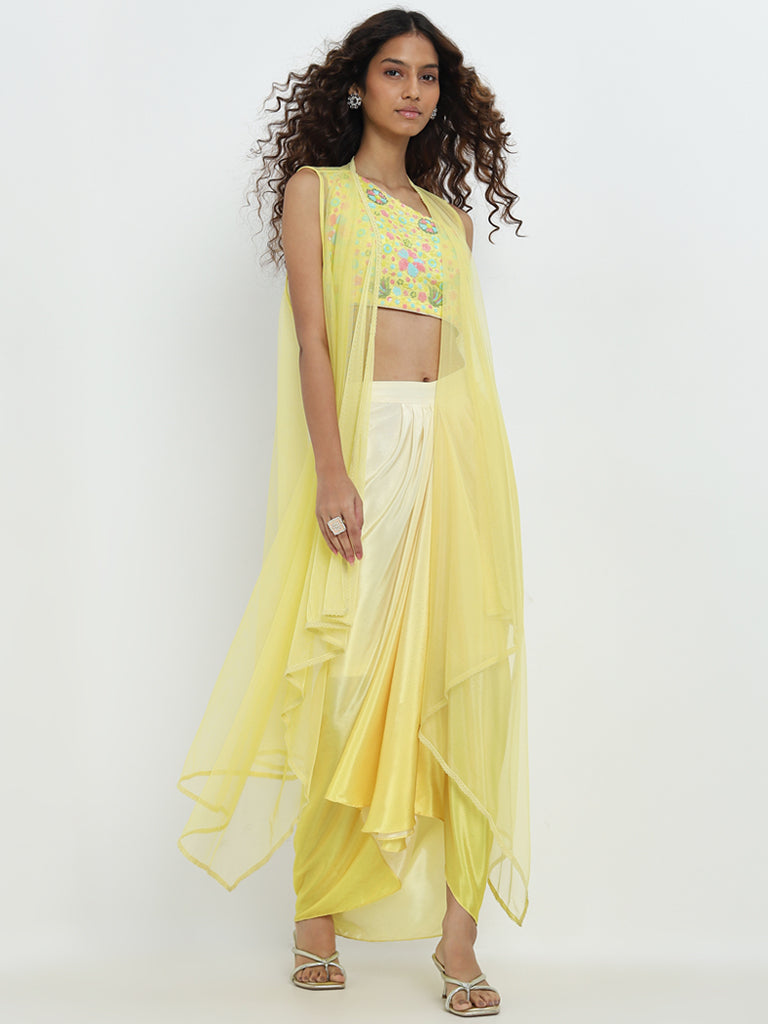 Vark Yellow Floral Embellished Blouse. Skirt and Shrug Set