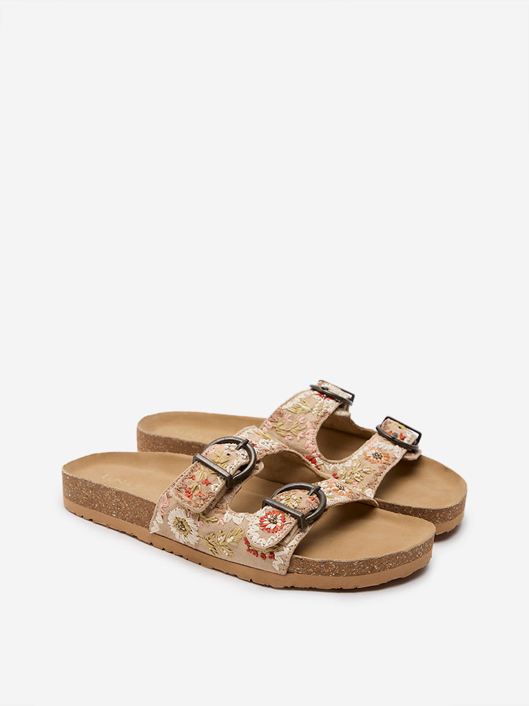 LUNA BLU Beige Belted Embroidered Slides - Image 2