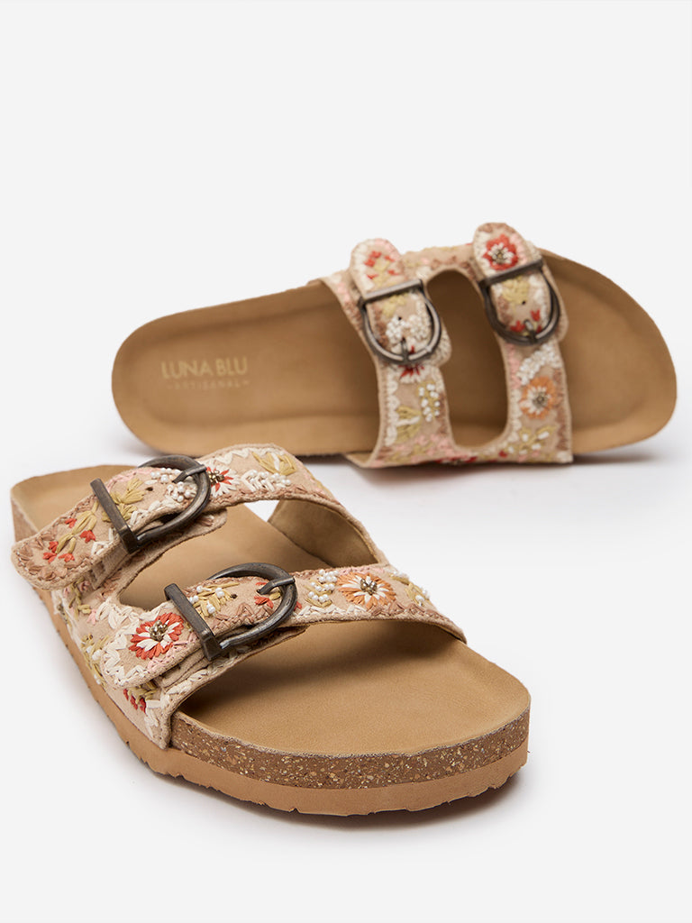 LUNA BLU Beige Belted Embroidered Slides - Image 3