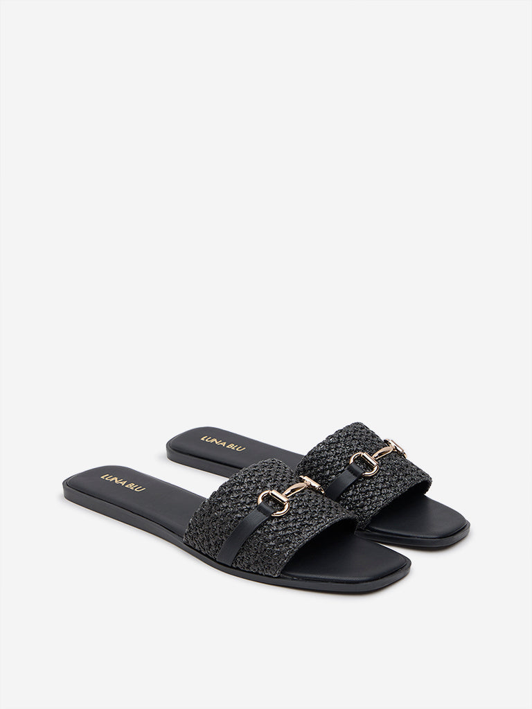 LUNA BLU Black Raffia-Detailed Slides - Image 2
