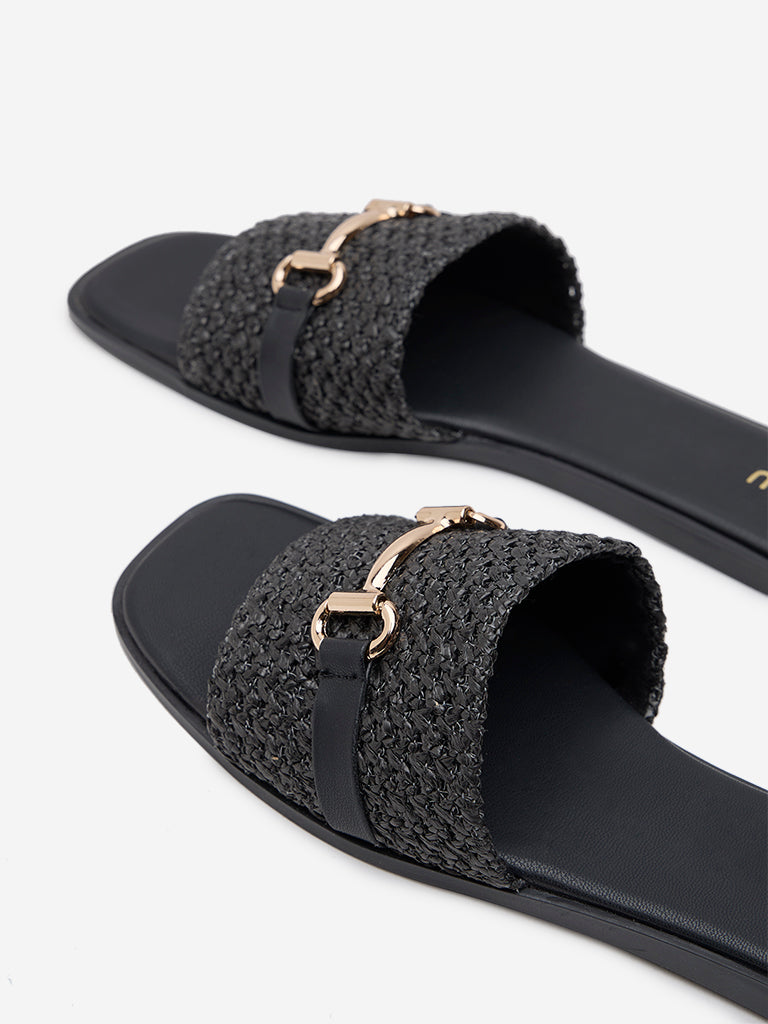 LUNA BLU Black Raffia-Detailed Slides - Image 3