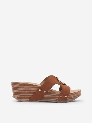 LUNA BLU Tan Metal-Detailed Wedge Heel Sandals