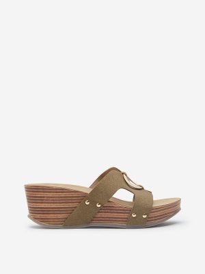 LUNA BLU Olive Metal-Detailed Wedge Heel Sandals