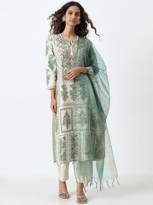 Vark Green Embroidered Straight Kurta. Pants and Dupatta Set