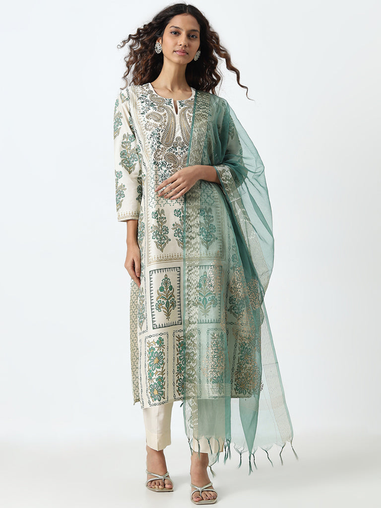Vark Green Embroidered Straight Kurta. Pants and Dupatta Set