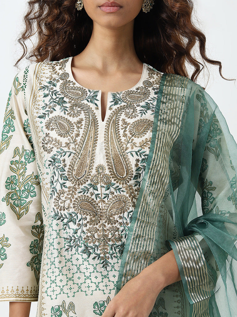 Vark Green Embroidered Straight Kurta. Pants and Dupatta Set - Image 3