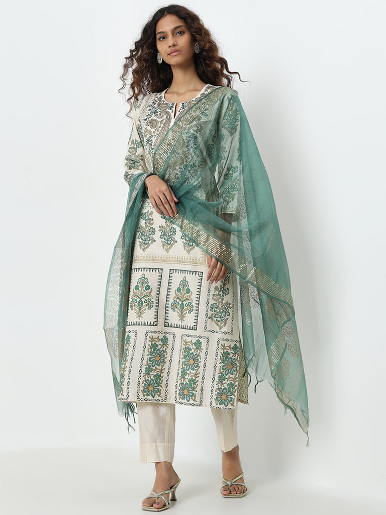 Vark Green Embroidered Straight Kurta. Pants and Dupatta Set - Image 4