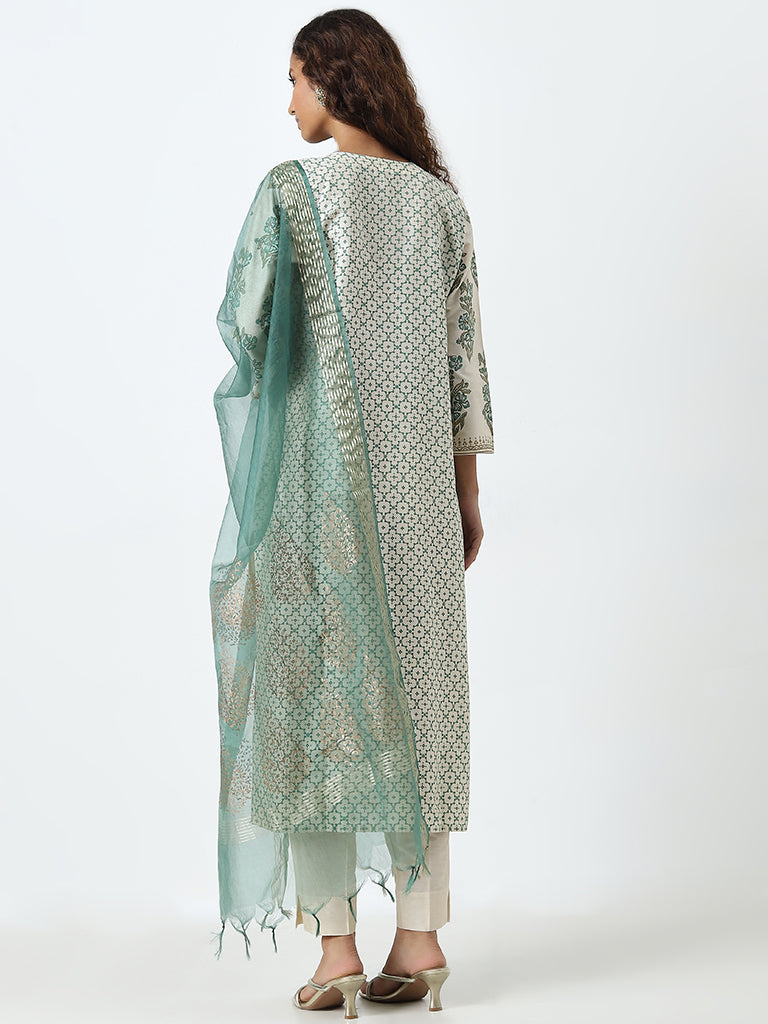 Vark Green Embroidered Straight Kurta. Pants and Dupatta Set - Image 5