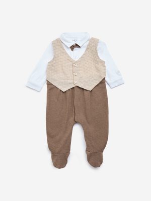 HOP Baby Brown Bow-Tie Cotton Rompers with Bow