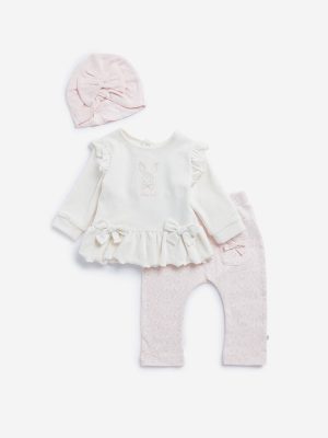 HOP Baby Off-White Bunny Design Cotton Blend Top. Pants and Cap Set