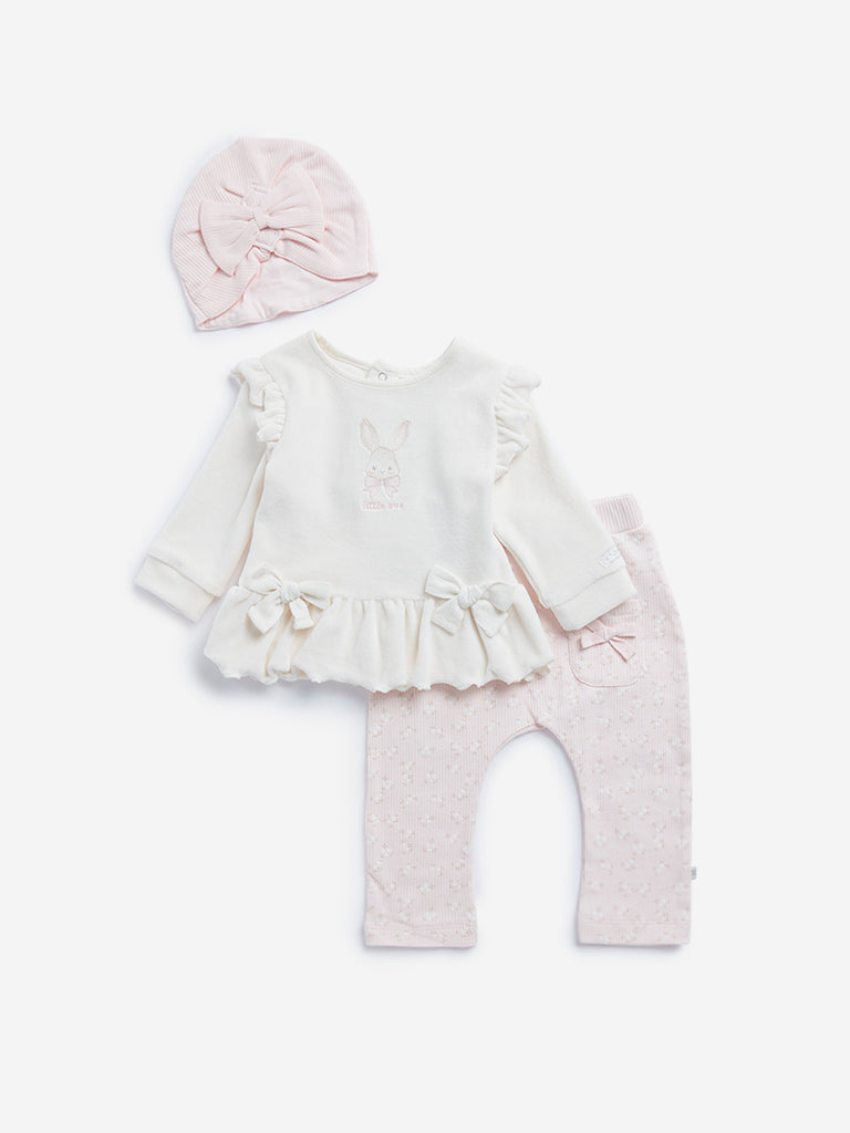 HOP Baby Off-White Bunny Design Cotton Blend Top. Pants and Cap Set