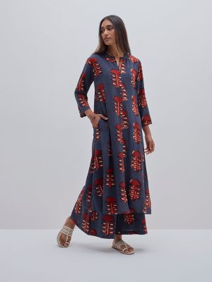 Utsa Navy Abstract Design A-Line Kurta