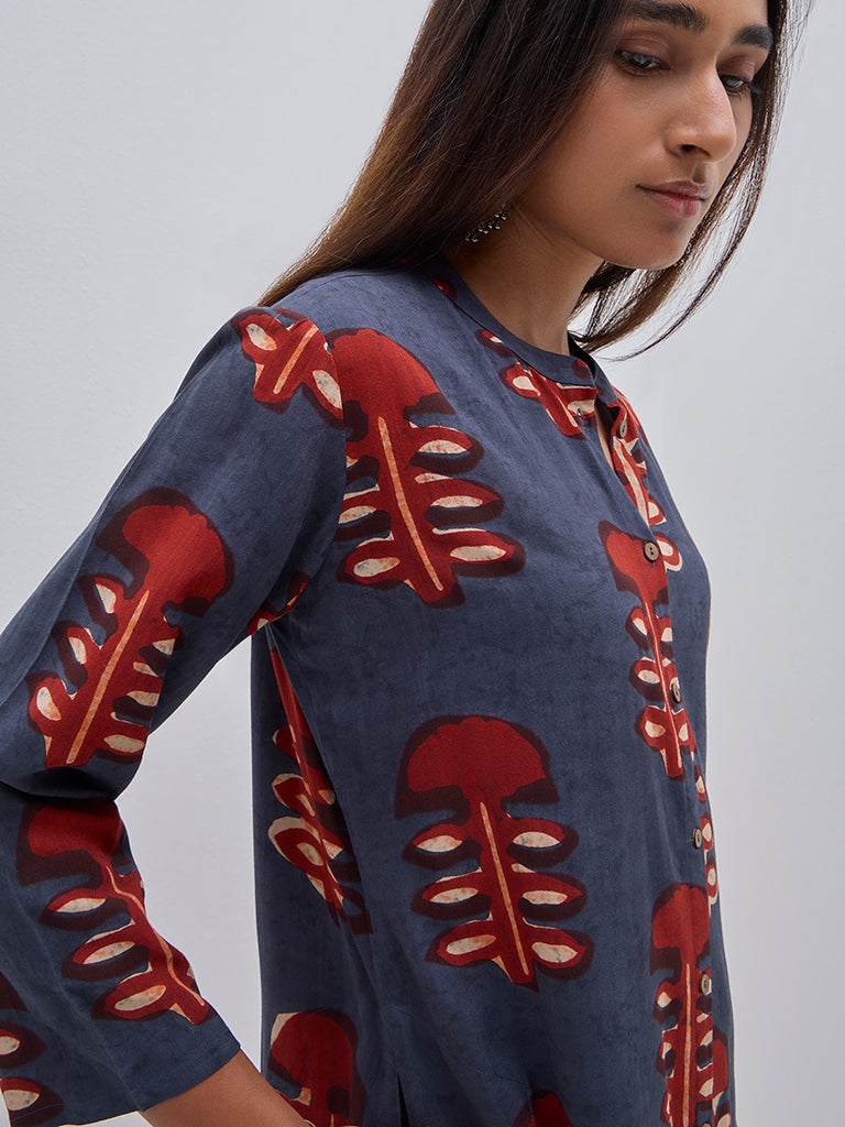 Utsa Navy Abstract Design A-Line Kurta - Image 2