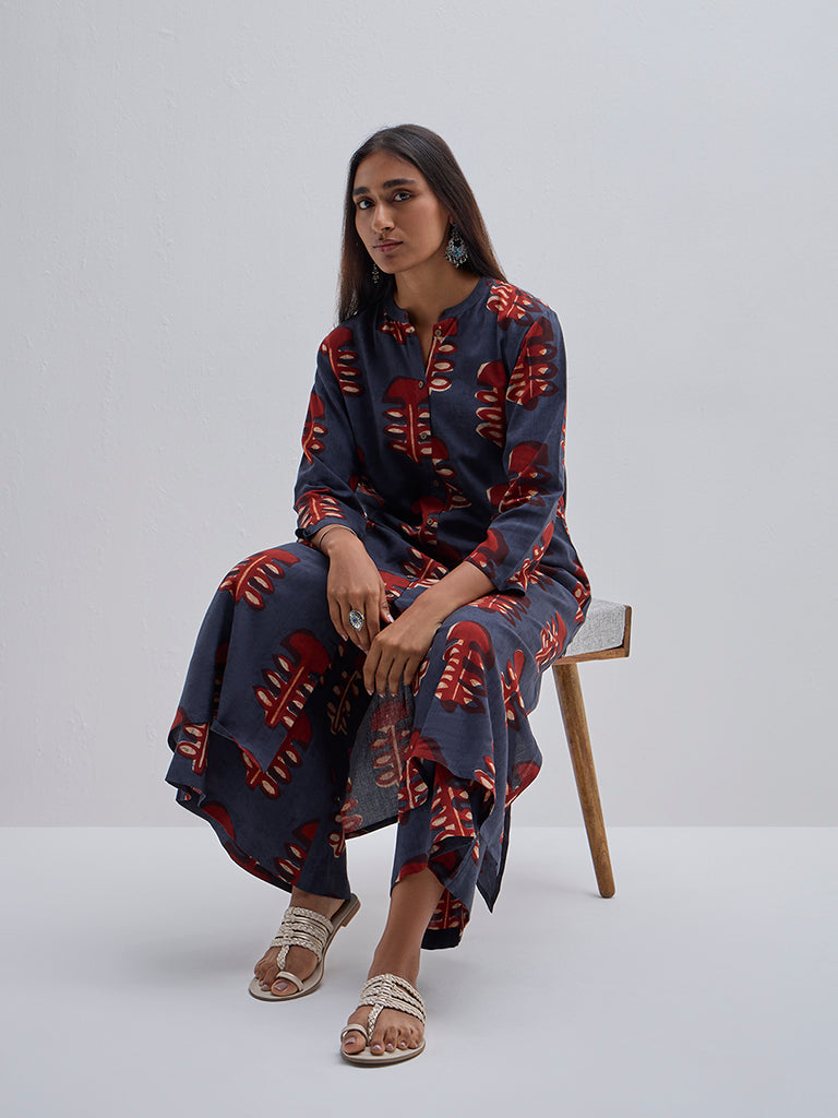 Utsa Navy Abstract Design A-Line Kurta - Image 3