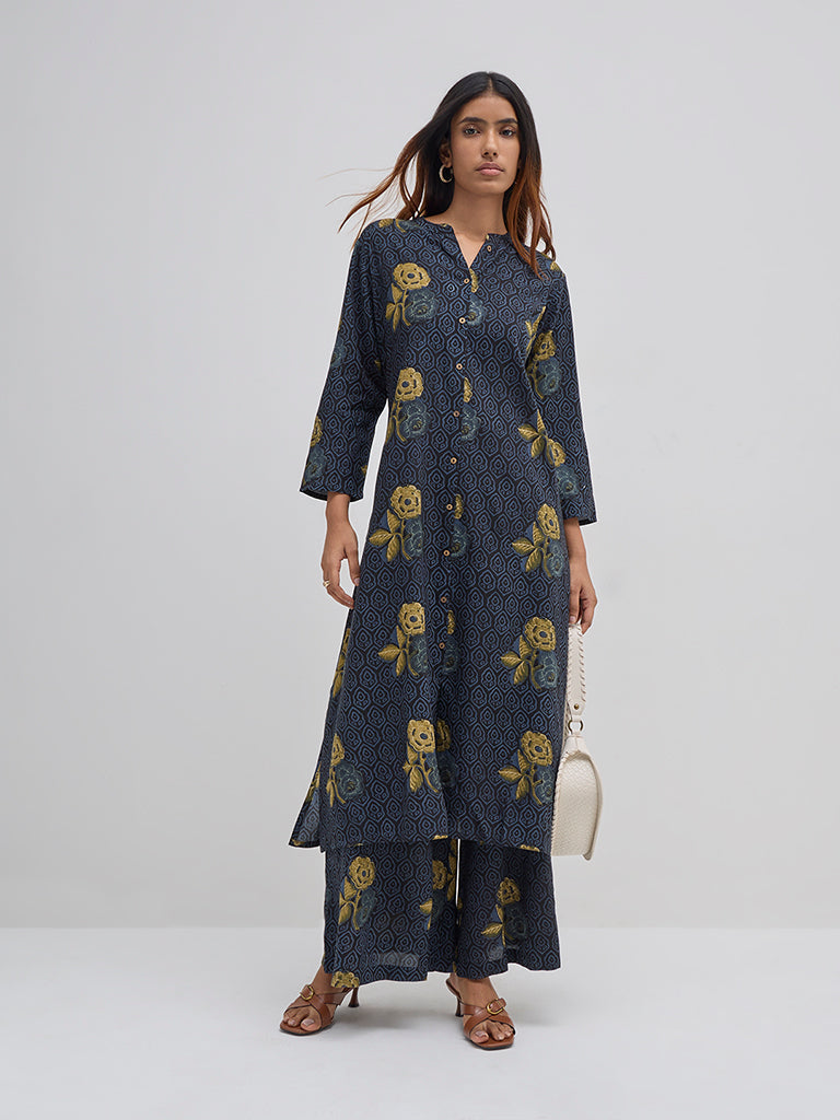 Utsa Blue Floral Printed A-Line Kurta - Image 3