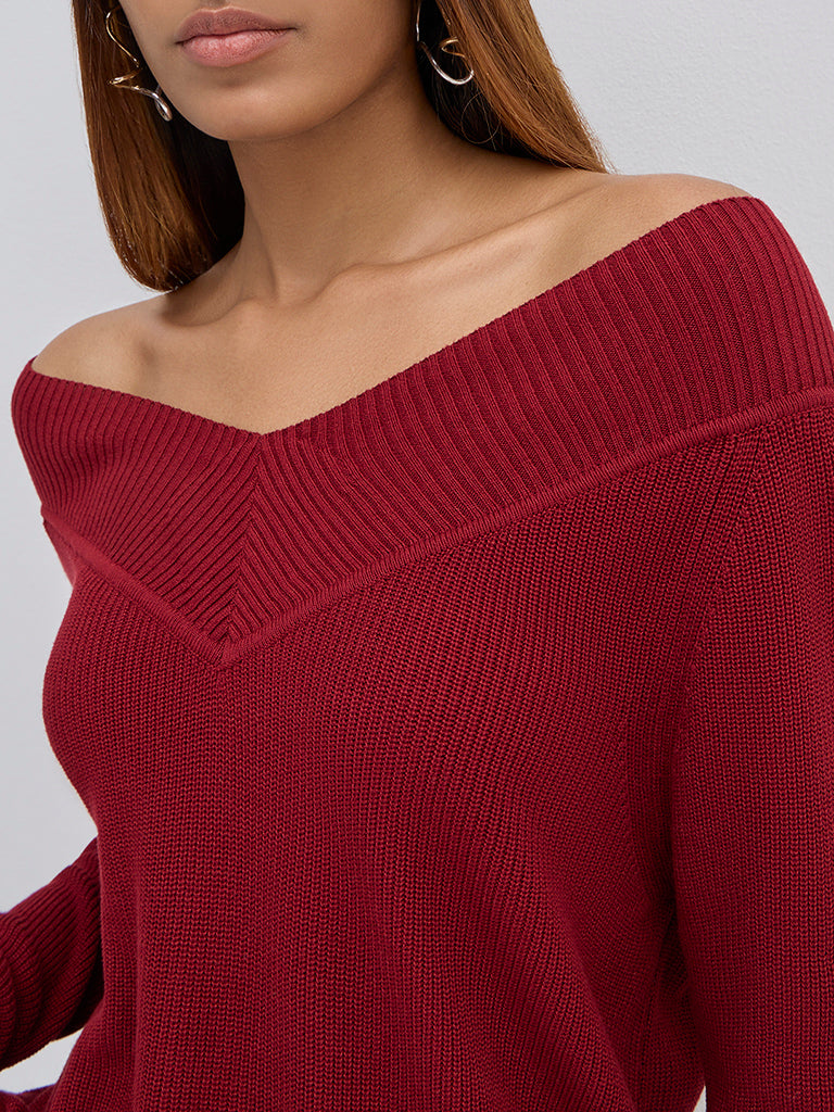 LOV Burgundy Ribbed Textured Sweater - Image 3