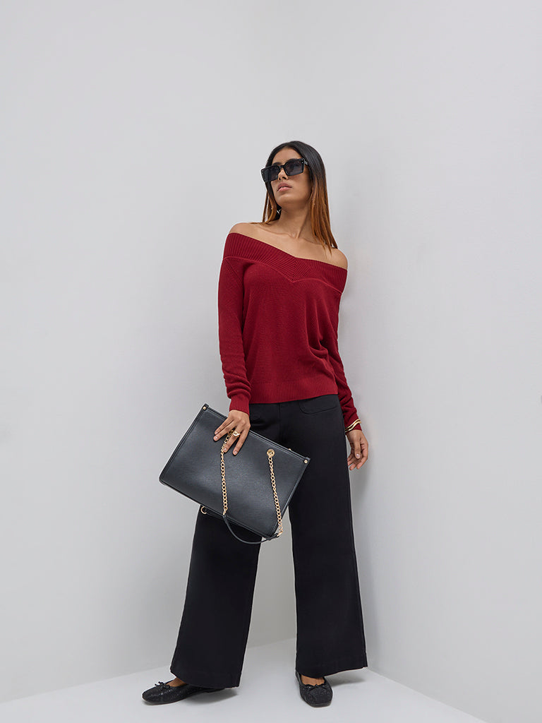 LOV Burgundy Ribbed Textured Sweater - Image 4