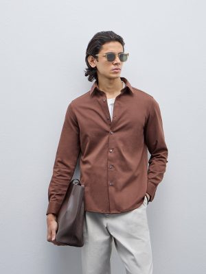WES Formals Brown Slim-Fit Cotton-Blend Shirt