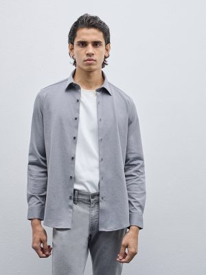 WES Formals Grey Slim-Fit Cotton-Blend Shirt