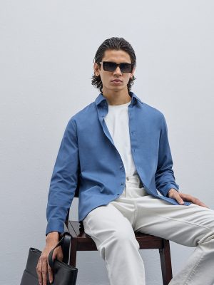 WES Formals Blue Slim-Fit Cotton-Blend Shirt