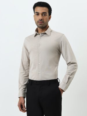 WES Formals Beige Slim-Fit Cotton-Blend Shirt