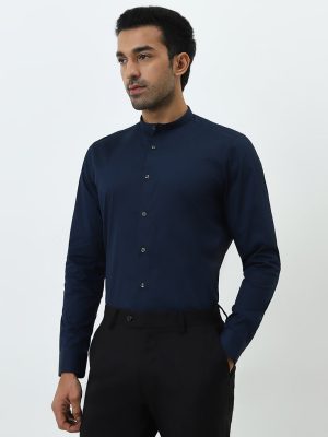WES Formals Navy Ultra Slim-Fit Cotton-Blend Shirt