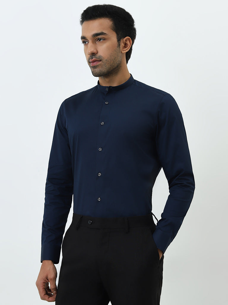 WES Formals Navy Ultra Slim-Fit Cotton-Blend Shirt