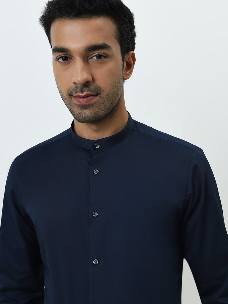 WES Formals Navy Ultra Slim-Fit Cotton-Blend Shirt - Image 3