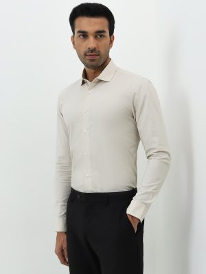 WES Formals Beige Ultra Slim-Fit Cotton-Blend Shirt