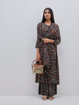 Zuba Black Botanical Printed Cotton A-Line Kurta