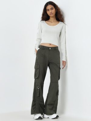 Nuon Olive Cargo-Style Relaxed-Fit High-Rise Jeans