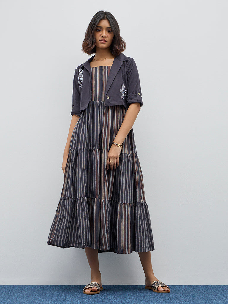 Bombay Paisley Black Stripe Tiered Cotton Dress with Jacket - Image 3
