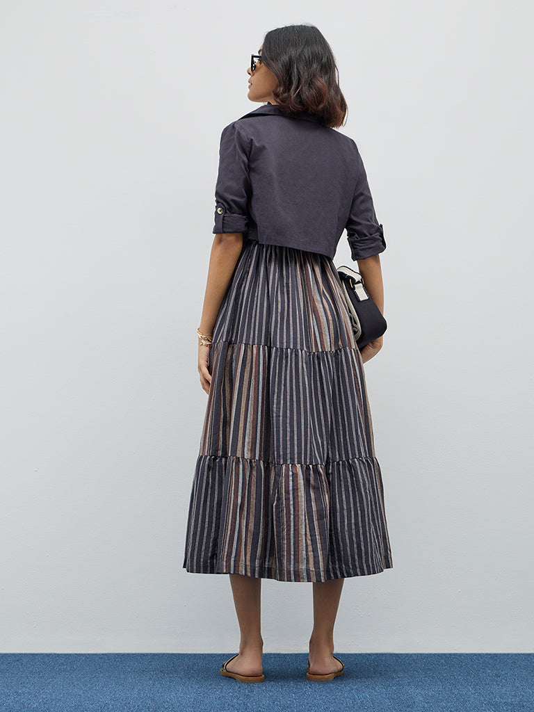 Bombay Paisley Black Stripe Tiered Cotton Dress with Jacket - Image 4